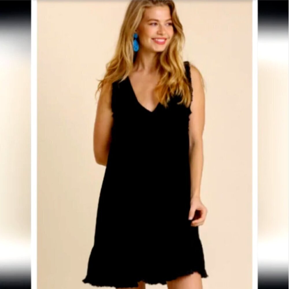 Umgee Sleeveless Linen Cotton Dress S Black Ruffle Hem Fringe Accents #304G‎